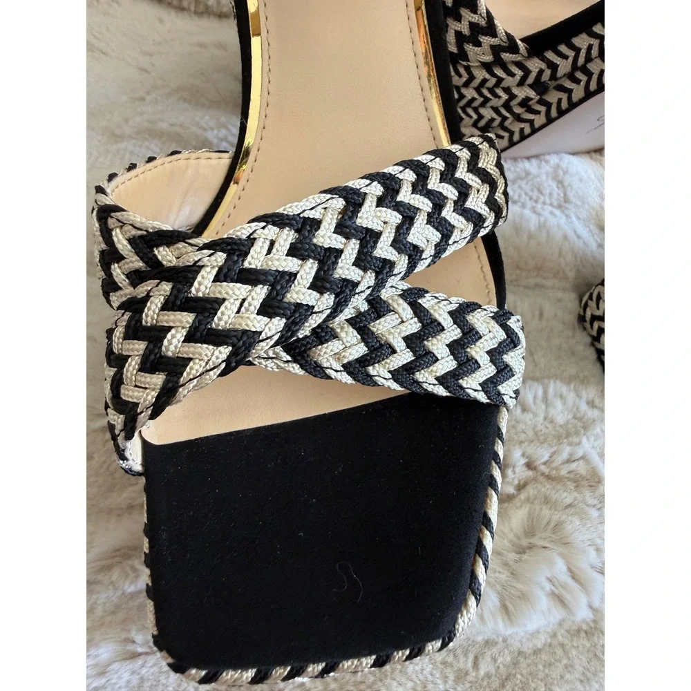 Jessica Simpson Woven Chevron Platform Sandals Black White Block Heel Square Toe